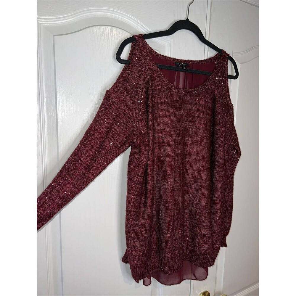 Jessica Simpson Burgundy Sparkle Lined Knit Sweater Tearose Layered Cutout XL - Picture 3 of 13